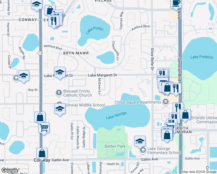 map of restaurants, bars, coffee shops, grocery stores, and more near 4955 Southfork Ranch Drive in Orlando