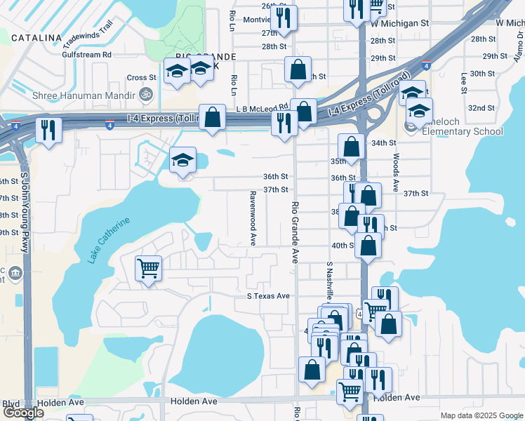 map of restaurants, bars, coffee shops, grocery stores, and more near 3719 Ravenwood Avenue in Orlando