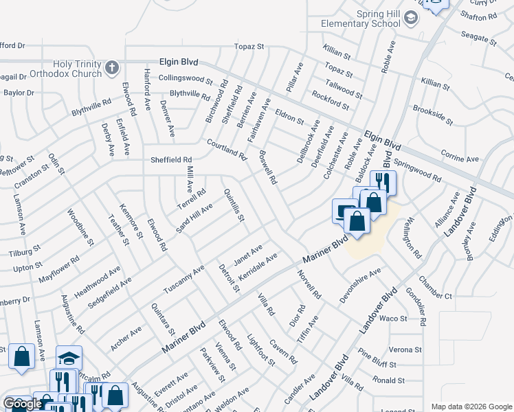 map of restaurants, bars, coffee shops, grocery stores, and more near 11523 Norvell Road in Spring Hill