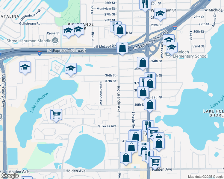 map of restaurants, bars, coffee shops, grocery stores, and more near 3748 Trovati Street in Orlando