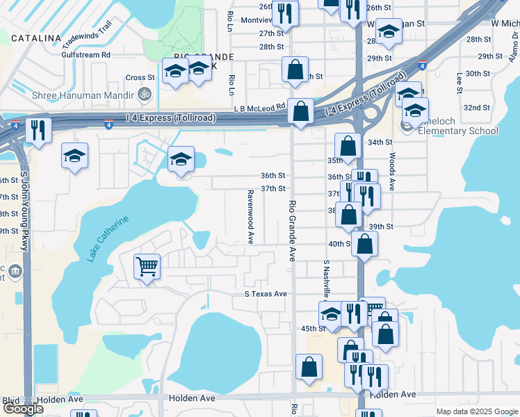 map of restaurants, bars, coffee shops, grocery stores, and more near 3719 Ravenwood Avenue in Orlando