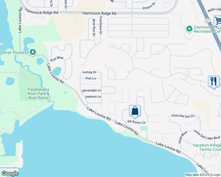 map of restaurants, bars, coffee shops, grocery stores, and more near 13135 Coldwater Loop in Clermont