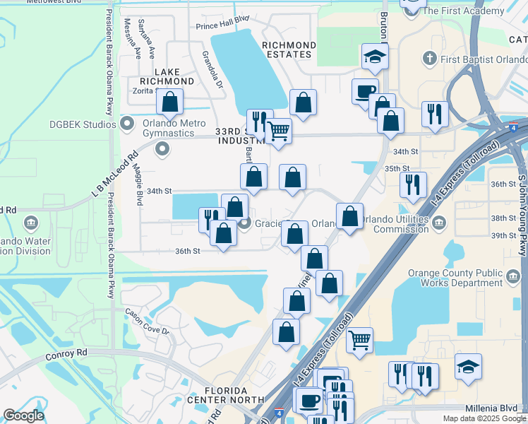 map of restaurants, bars, coffee shops, grocery stores, and more near 4351 35th Street in Orlando