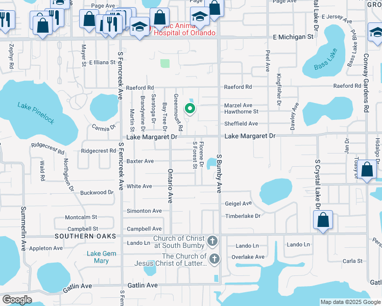 map of restaurants, bars, coffee shops, grocery stores, and more near 1942 Melvin Avenue in Orlando