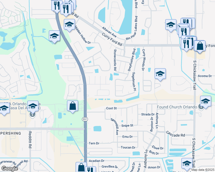 map of restaurants, bars, coffee shops, grocery stores, and more near 7626 Govern Boulevard in Orlando