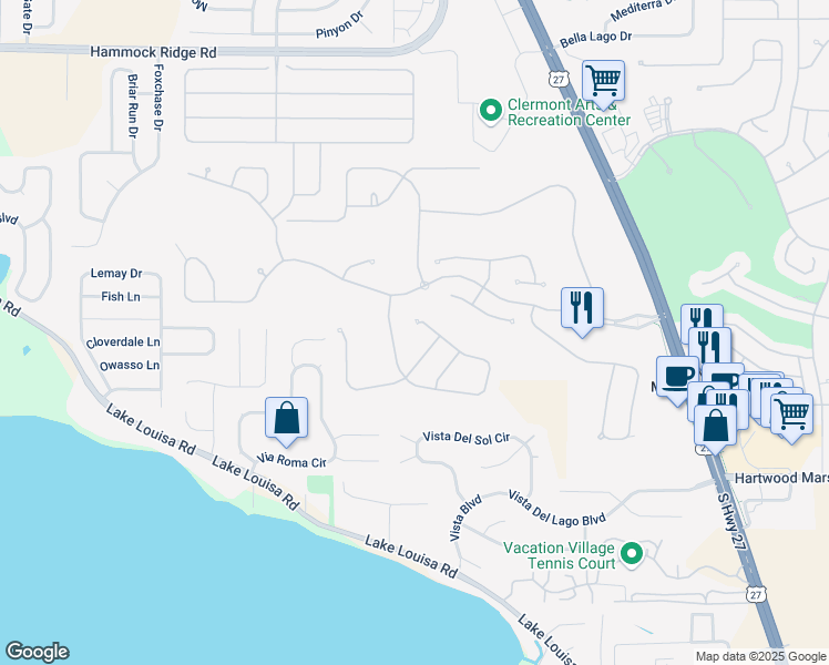 map of restaurants, bars, coffee shops, grocery stores, and more near 4079 Greystone Drive in Clermont