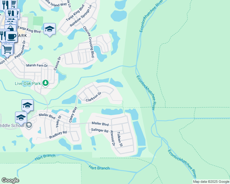 map of restaurants, bars, coffee shops, grocery stores, and more near 14655 Michener Trail in Orlando