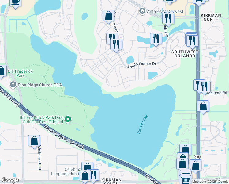 map of restaurants, bars, coffee shops, grocery stores, and more near 3362 Robert Trent Jones Drive in Orlando