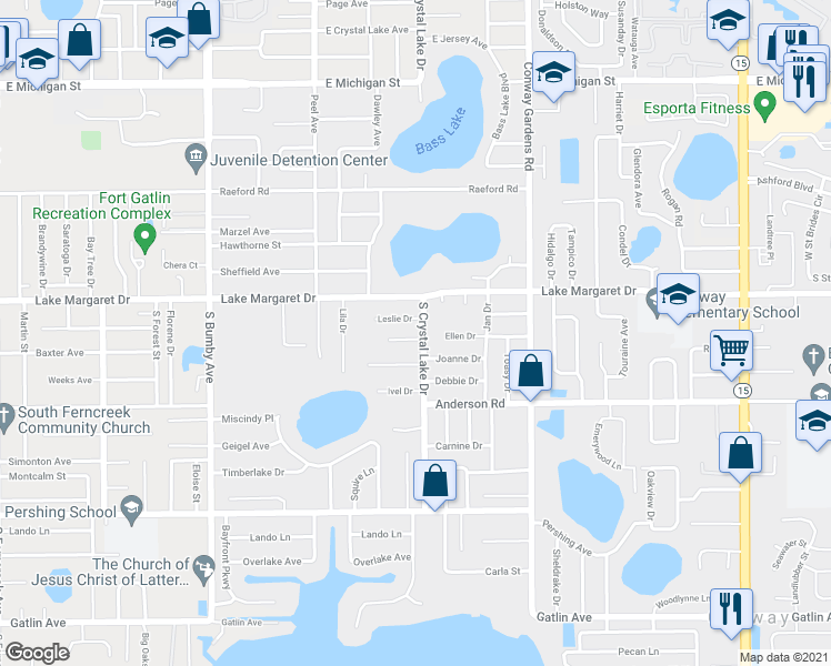 map of restaurants, bars, coffee shops, grocery stores, and more near 3035 Crystal Oak Court in Orlando