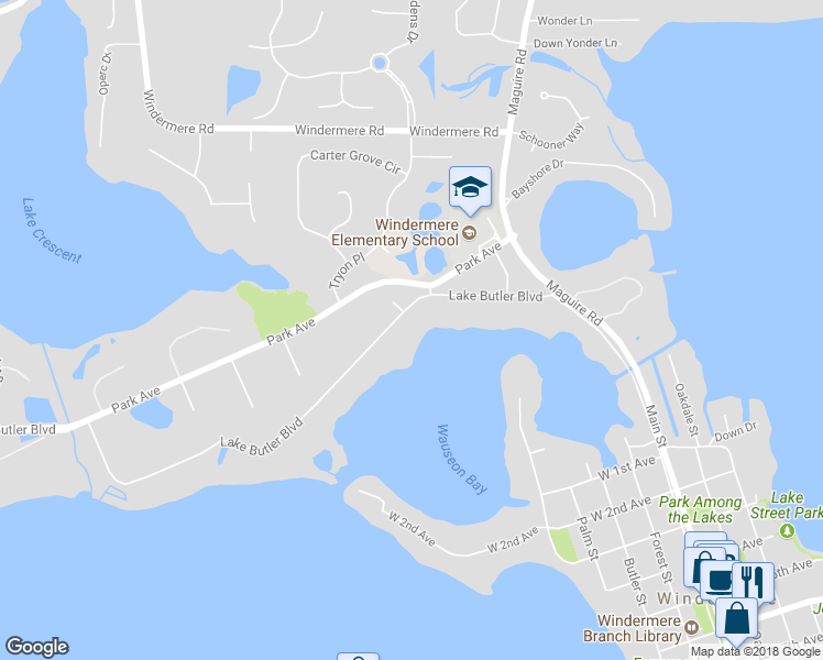 map of restaurants, bars, coffee shops, grocery stores, and more near 11316 Lake Butler Boulevard in Windermere