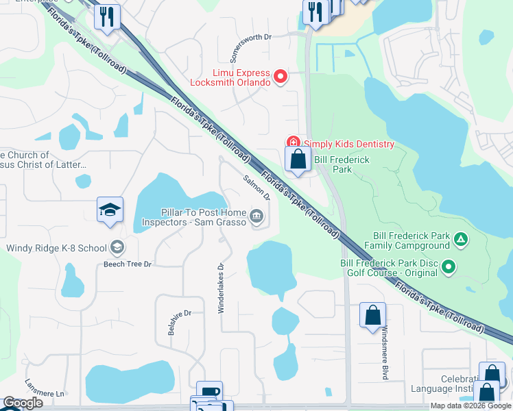 map of restaurants, bars, coffee shops, grocery stores, and more near 4199 Salmon Drive in Orlando