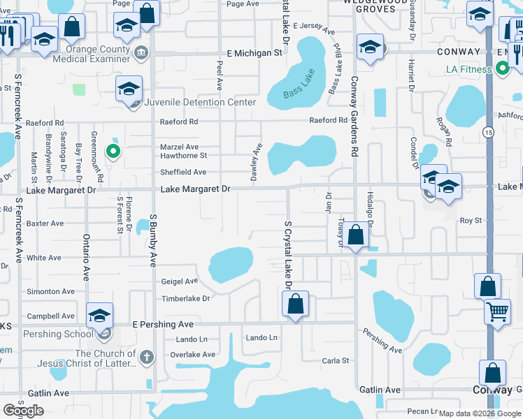 map of restaurants, bars, coffee shops, grocery stores, and more near 3000 Leslie Drive in Orlando