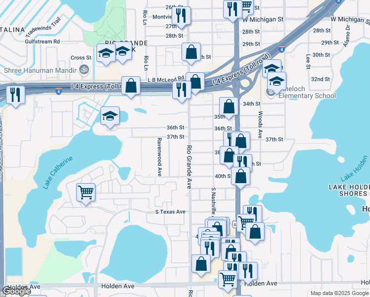 map of restaurants, bars, coffee shops, grocery stores, and more near 3748 Trovati Street in Orlando