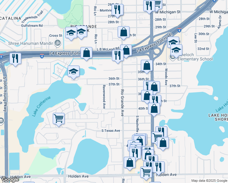 map of restaurants, bars, coffee shops, grocery stores, and more near 3748 Trovati Street in Orlando
