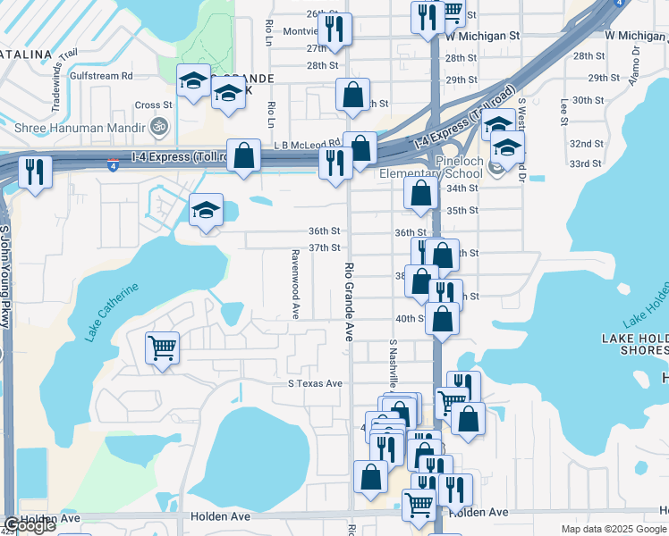 map of restaurants, bars, coffee shops, grocery stores, and more near 3748 Trovati Street in Orlando