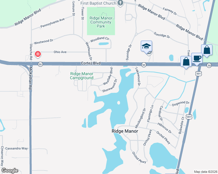 map of restaurants, bars, coffee shops, grocery stores, and more near 5123 Shorewood Drive in Dade City