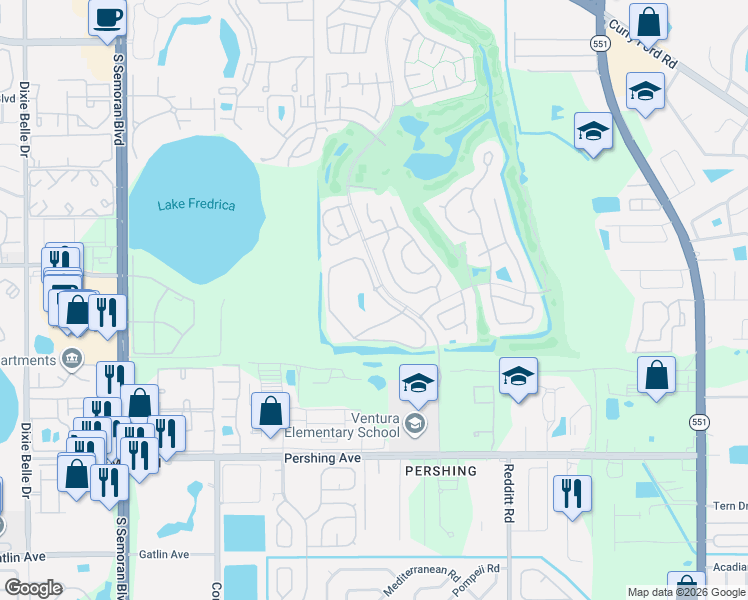 map of restaurants, bars, coffee shops, grocery stores, and more near 3554 Southpointe Drive in Orlando