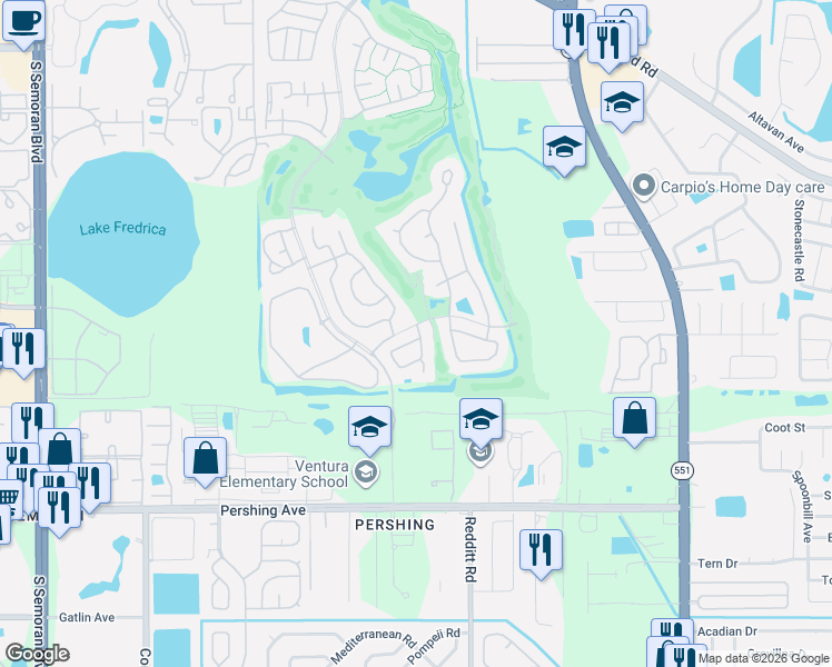 map of restaurants, bars, coffee shops, grocery stores, and more near 3803 Ventura Place in Orlando