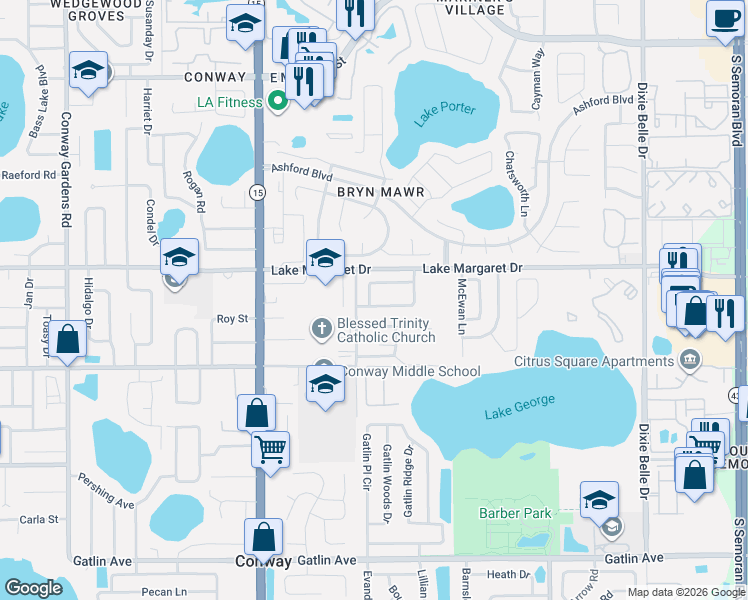 map of restaurants, bars, coffee shops, grocery stores, and more near 4824 Berrywood Drive in Orlando