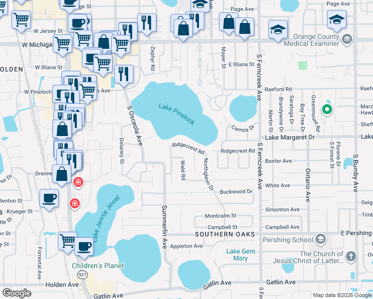 map of restaurants, bars, coffee shops, grocery stores, and more near 3219 Wald Road in Orlando