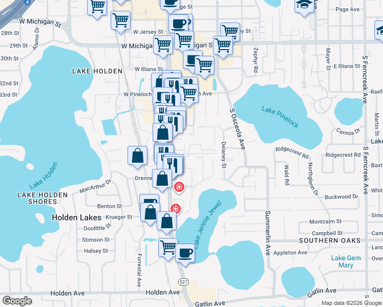 map of restaurants, bars, coffee shops, grocery stores, and more near 3509 South Orange Avenue in Orlando