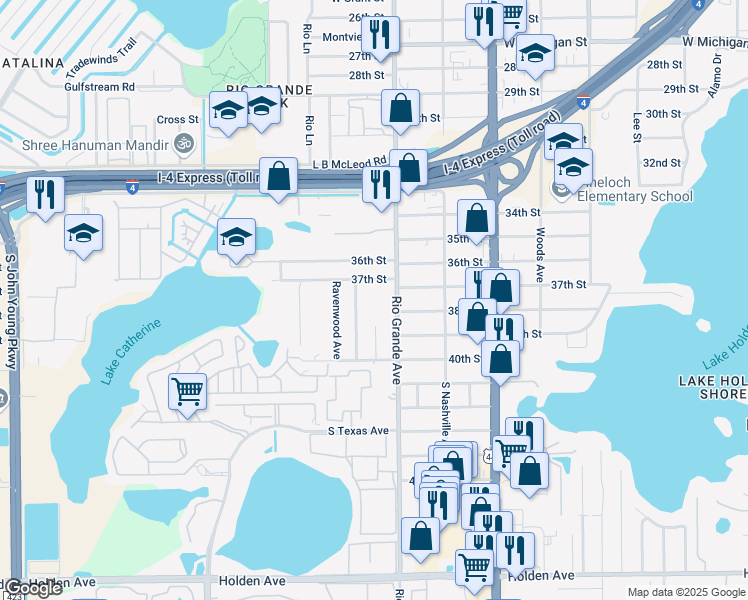 map of restaurants, bars, coffee shops, grocery stores, and more near 3748 Trovati Street in Orlando