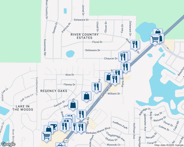 map of restaurants, bars, coffee shops, grocery stores, and more near 7474 Aloe Drive in Spring Hill