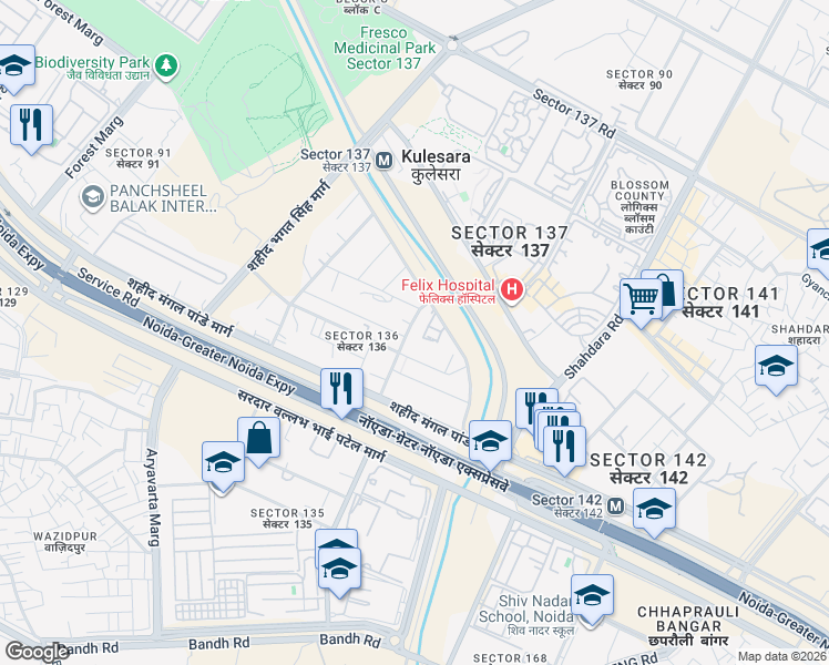map of restaurants, bars, coffee shops, grocery stores, and more near Noida Greater Noida Express Way in New Okhla Industrial Development Area