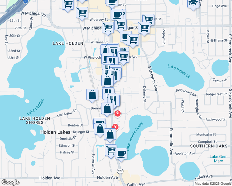 map of restaurants, bars, coffee shops, grocery stores, and more near 3509 South Orange Avenue in Orlando
