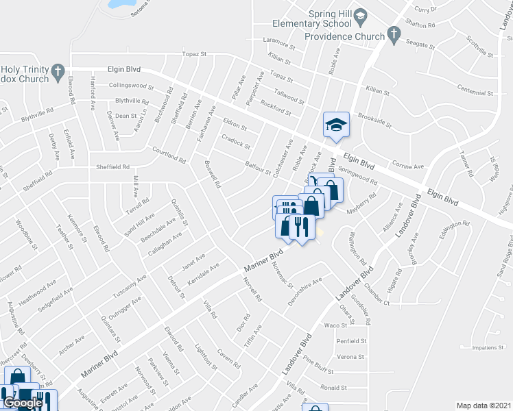 map of restaurants, bars, coffee shops, grocery stores, and more near 5142 Colchester Avenue in Spring Hill