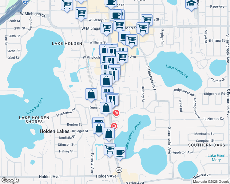map of restaurants, bars, coffee shops, grocery stores, and more near 3509 South Orange Avenue in Orlando