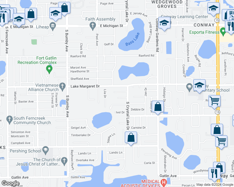 map of restaurants, bars, coffee shops, grocery stores, and more near 3012 Leslie Drive in Orlando