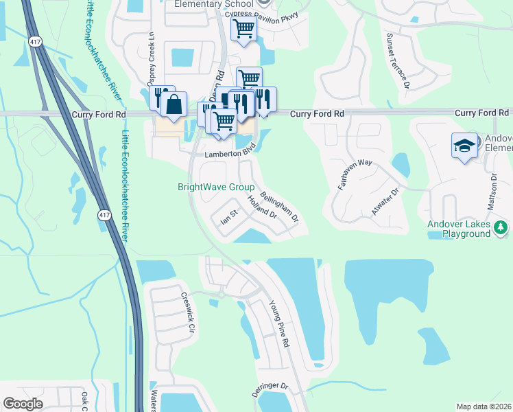 map of restaurants, bars, coffee shops, grocery stores, and more near 3155 Holland Drive in Orlando