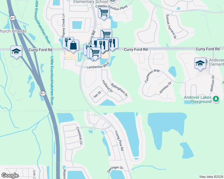 map of restaurants, bars, coffee shops, grocery stores, and more near 3218 Holland Drive in Orlando