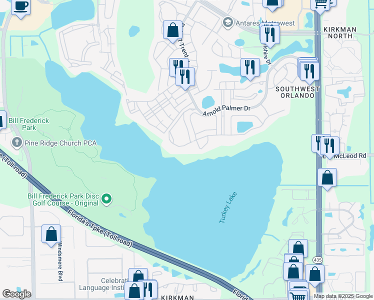 map of restaurants, bars, coffee shops, grocery stores, and more near 3362 Robert Trent Jones Drive in Orlando