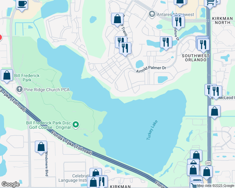 map of restaurants, bars, coffee shops, grocery stores, and more near 3362 Robert Trent Jones Drive in Orlando