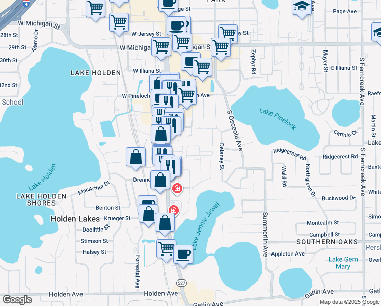 map of restaurants, bars, coffee shops, grocery stores, and more near 3435 South Orange Avenue in Orlando
