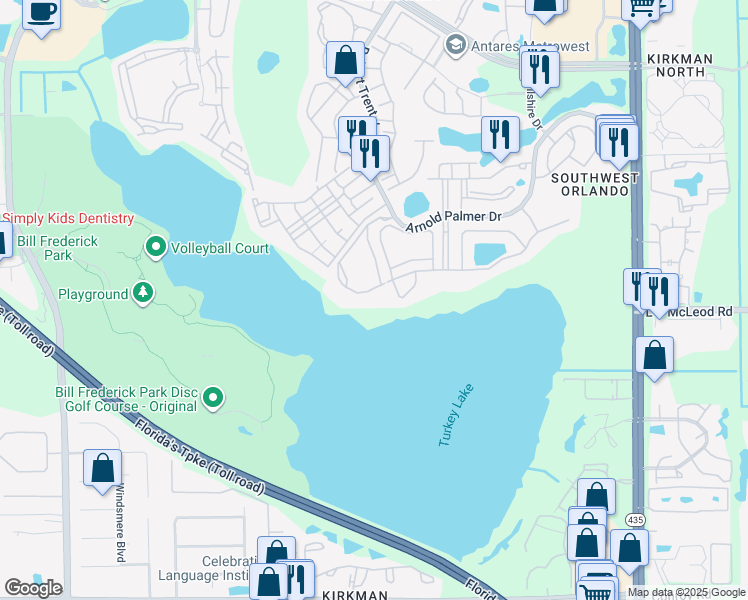 map of restaurants, bars, coffee shops, grocery stores, and more near 3368 Robert Trent Jones Drive in Orlando