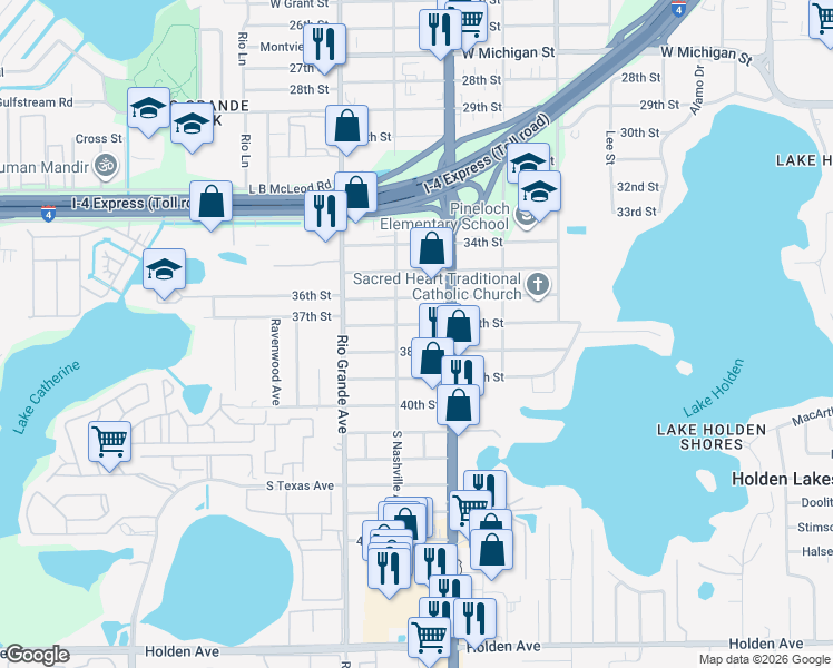 map of restaurants, bars, coffee shops, grocery stores, and more near 1345 38th Street in Orlando