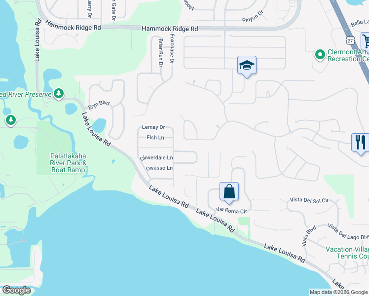 map of restaurants, bars, coffee shops, grocery stores, and more near 13141 Coldwater Loop in Clermont