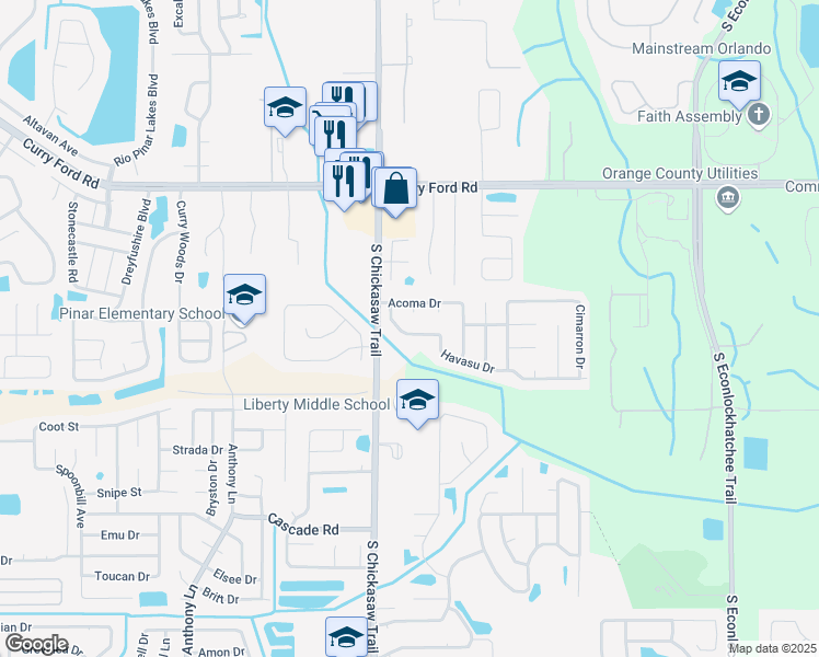 map of restaurants, bars, coffee shops, grocery stores, and more near 8541 Havasu Drive in Orlando