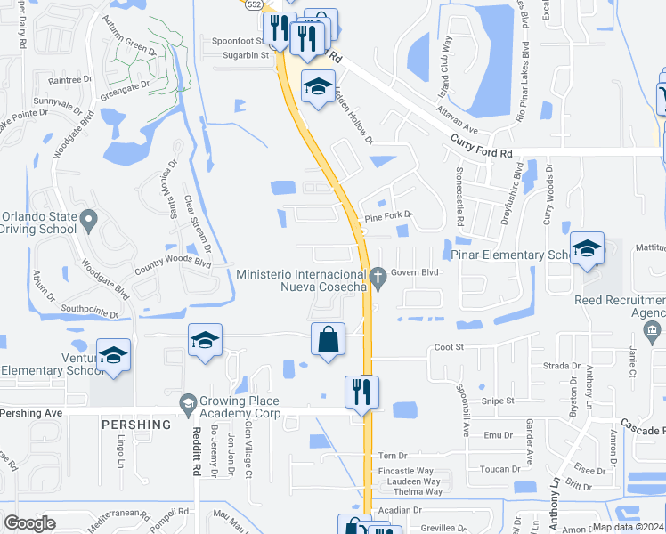 map of restaurants, bars, coffee shops, grocery stores, and more near 7515 Marbella Pointe Drive in Orlando