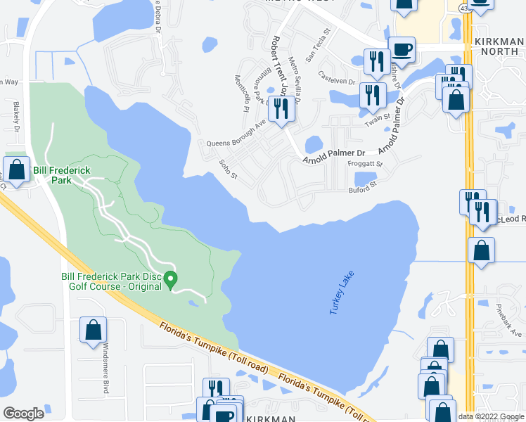map of restaurants, bars, coffee shops, grocery stores, and more near 3362 Robert Trent Jones Drive in Orlando