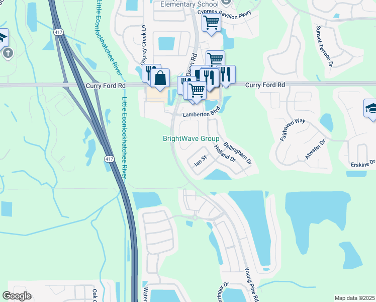 map of restaurants, bars, coffee shops, grocery stores, and more near 10263 Andover Point Circle in Orlando