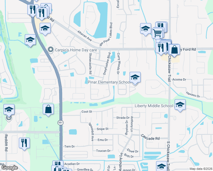 map of restaurants, bars, coffee shops, grocery stores, and more near 7900 Tumbleweed Court in Orlando