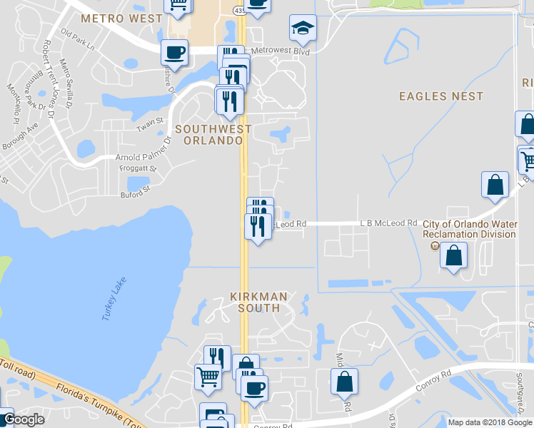 map of restaurants, bars, coffee shops, grocery stores, and more near 5694 L B McLeod Road in Orlando