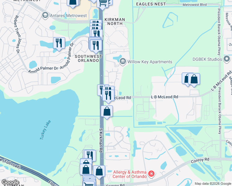 map of restaurants, bars, coffee shops, grocery stores, and more near 5694 L B McLeod Road in Orlando