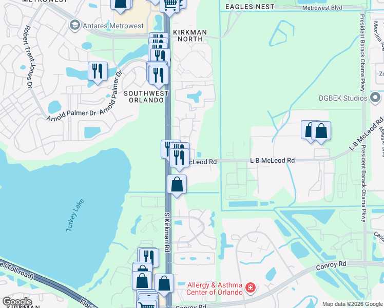 map of restaurants, bars, coffee shops, grocery stores, and more near 5694 L B McLeod Road in Orlando