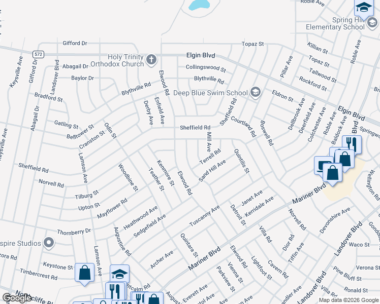 map of restaurants, bars, coffee shops, grocery stores, and more near 5189 Winterville Road in Spring Hill