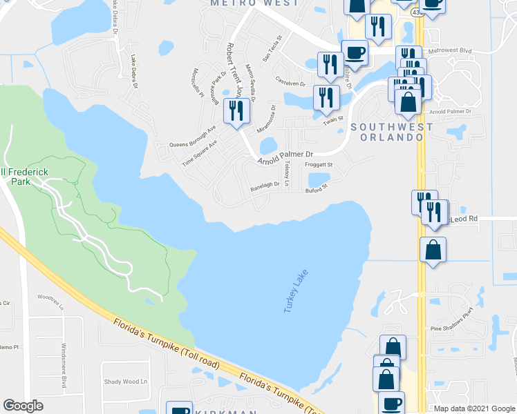 map of restaurants, bars, coffee shops, grocery stores, and more near 108 Ranelagh Drive in Orlando